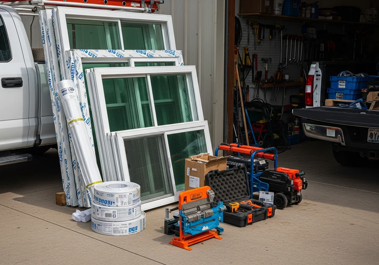 Professional installation crew with vinyl window and gutter materials on job site, showcasing tools and equipment ready for residential replacement work.
