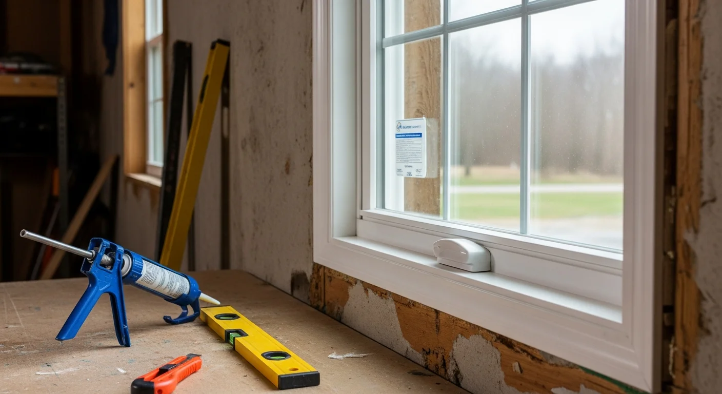 A newly installed casement window on the exterior wall of a single-story Wisconsin home, with the crank-operated sash open and a clean sealed frame visible against white trim. The surrounding yard reflects a typical Green Bay-area residential neighborhood.