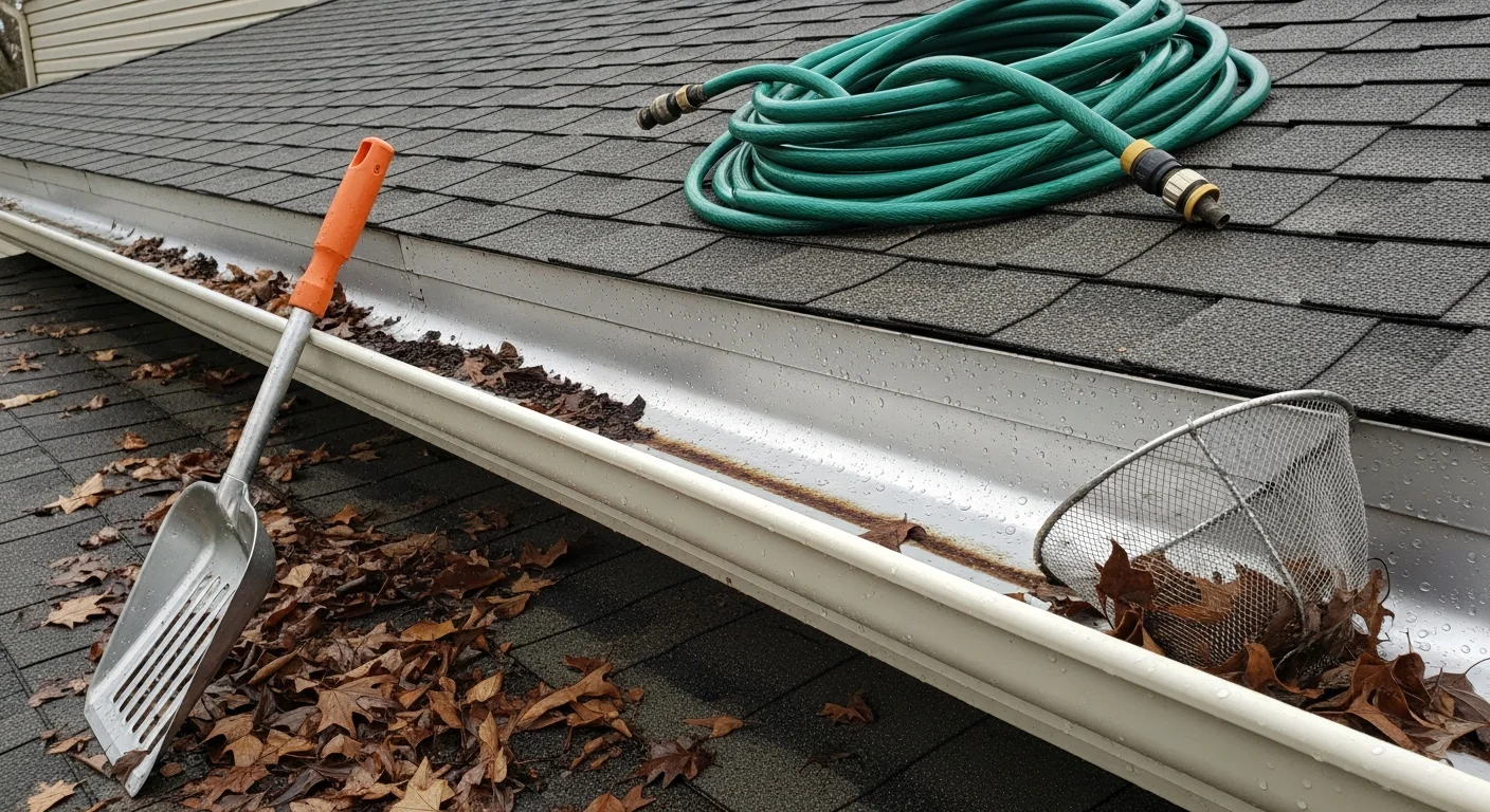 A technician clearing packed leaves and debris from a residential gutter on a two-story home in the Green Bay, Wisconsin area. The downspout below shows clean water flowing freely after the service.
