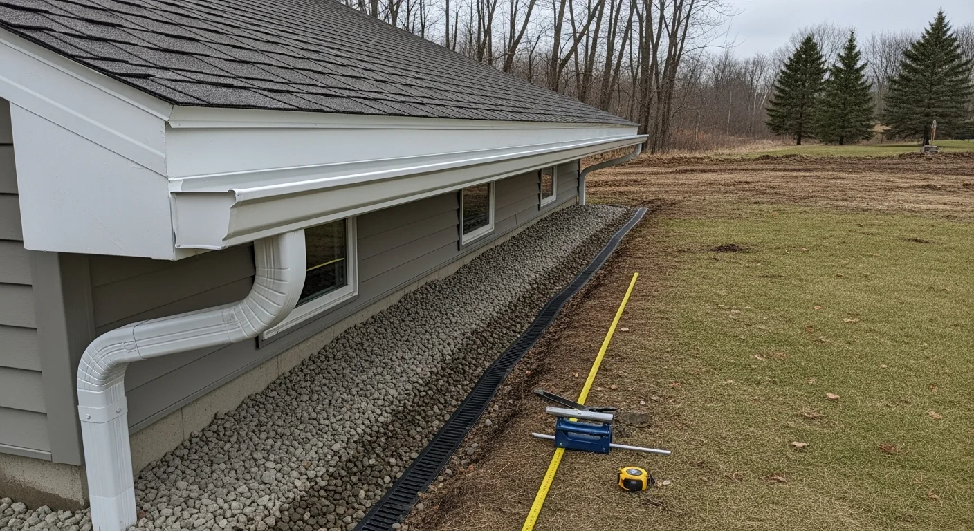 Newly installed seamless gutters running along the roofline of a two-story home in the Green Bay, Wisconsin area, with a downspout directing water away from the foundation. The system is shown against a backdrop of mature trees typical of Northeast Wisconsin residential neighborhoods.