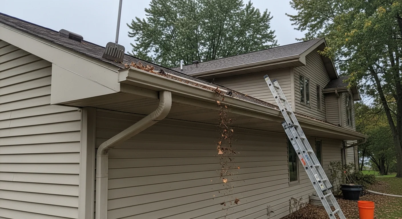 A technician clearing packed leaf and debris buildup from a residential gutter on a two-story home in the Green Bay, Wisconsin area. The downspout and fascia board are visible, showing a clean channel ready for spring rainfall drainage.