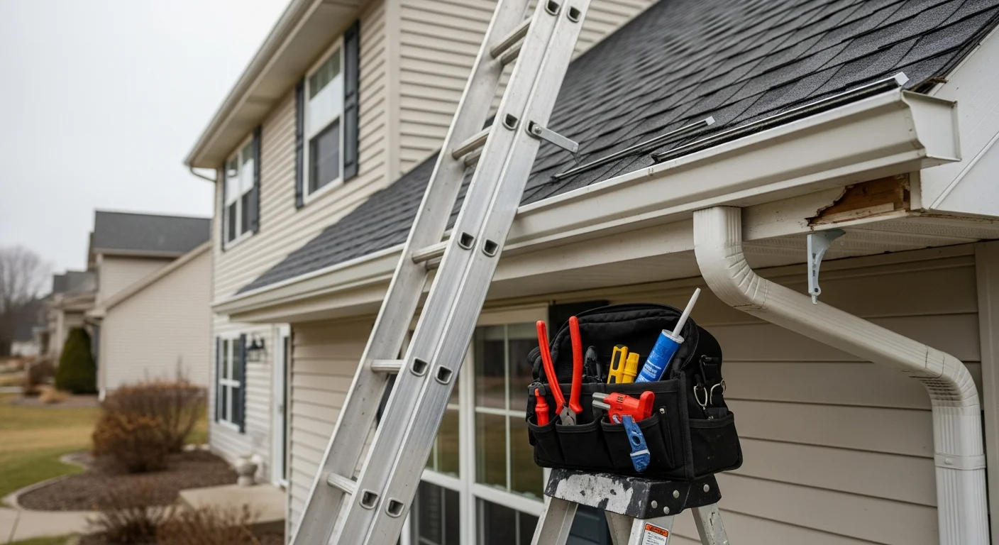 A technician resealing a leaking gutter joint on a two-story home in the Green Bay, Wisconsin area. The repaired section shows clean alignment against the fascia board with a downspout running to a splash block below.