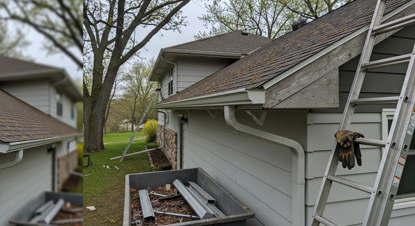 Newly installed gutters on a two-story residential home in the Green Bay, Wisconsin area, with downspouts directed away from the foundation. The old gutter system has been removed and replaced with a clean, properly pitched drainage system along the full roofline.
