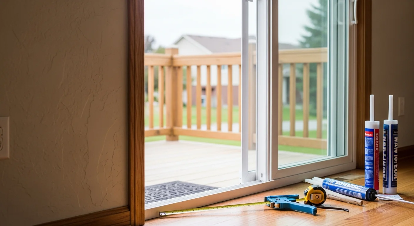 A newly installed sliding patio door on a single-family home in the Green Bay, Wisconsin area, showing a clean frame fit, clear insulated glass panels, and a tight seal along the door track. The exterior view shows a typical northeast Wisconsin residential backyard in winter conditions.