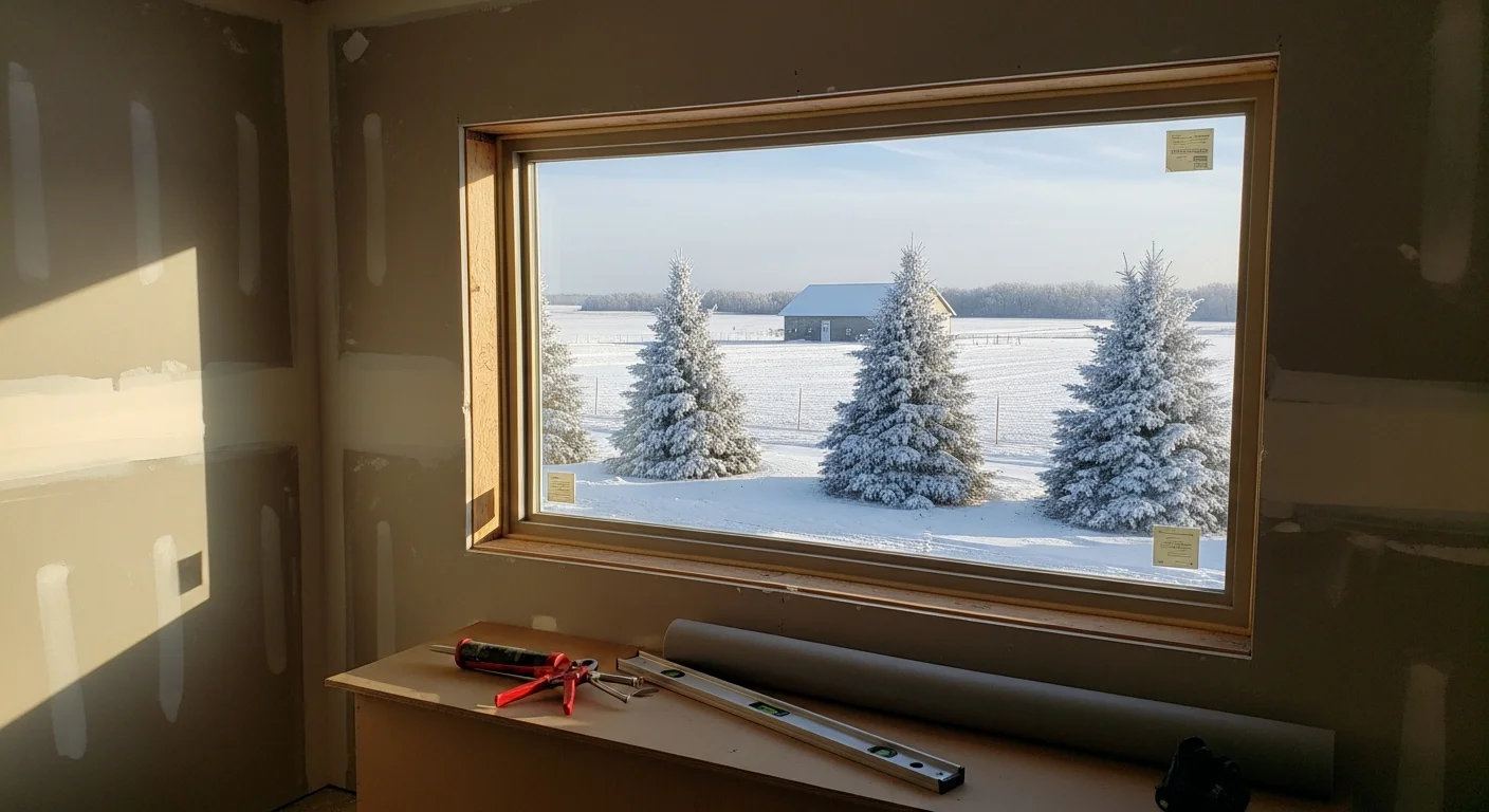 A large fixed picture window installed in the living room of a northeast Wisconsin home, showing a clear unobstructed view of a snow-covered backyard in winter. The window frame sits flush with the interior wall, with no visible gaps or condensation between the panes.