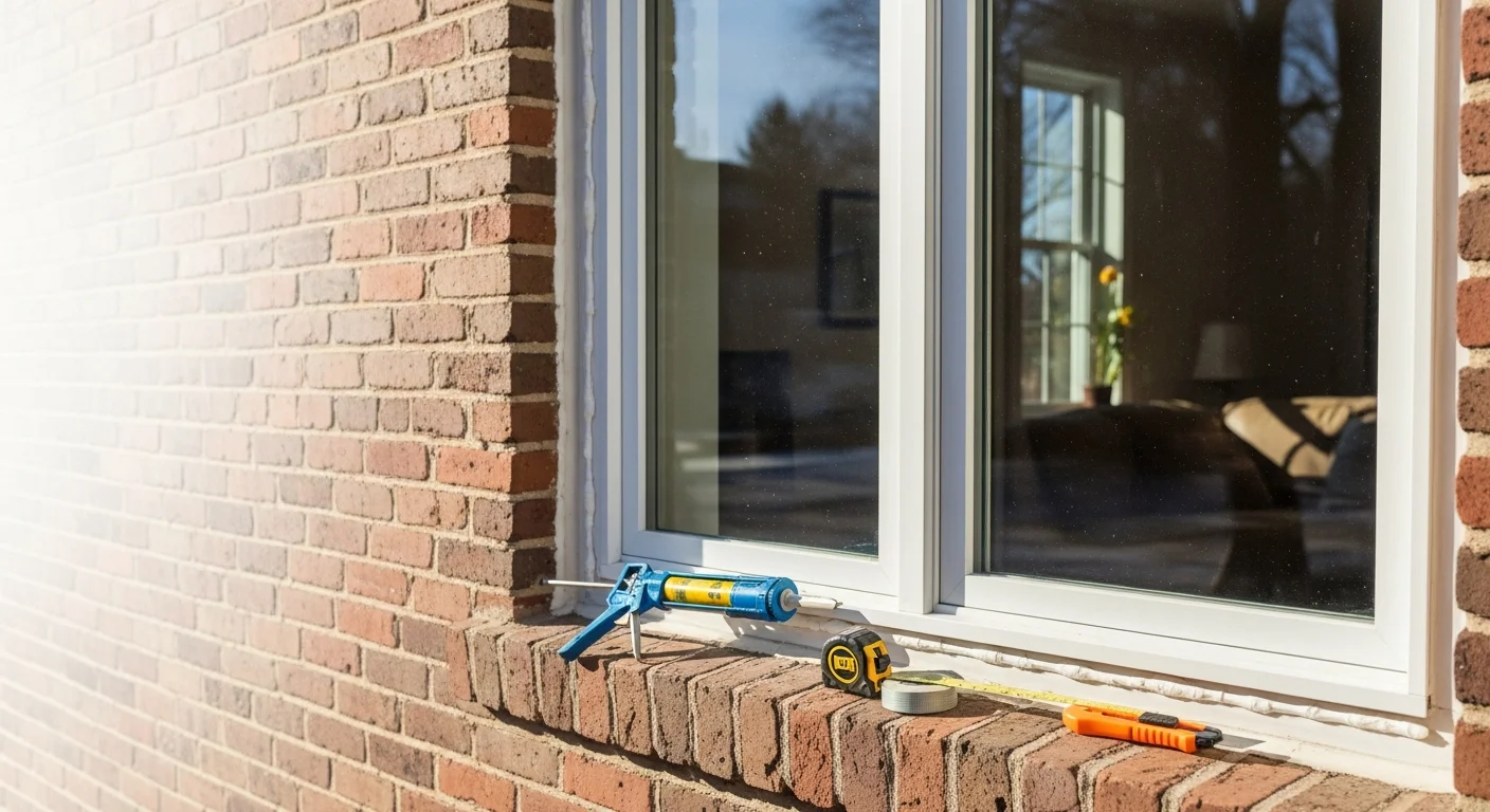 A northeast Wisconsin home with newly installed replacement windows, showing clean frames and clear glass on a residential exterior during winter. A Custom Windows Plus installer works at the window opening, sealing the frame against cold air.